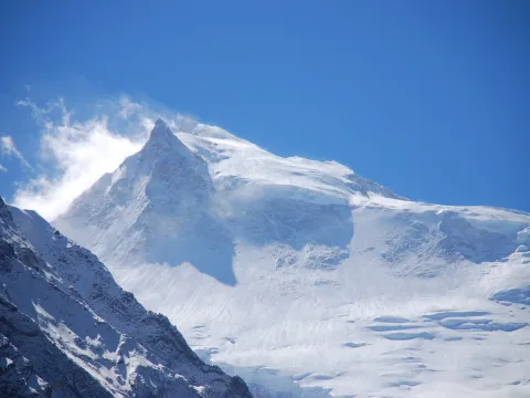 Snow-capped Himalayan mountain peak in the Manaslu region of Nepal